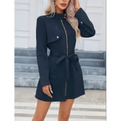 Lucky Life Kadın Uzun Kollu Boyundan Düğmeli Fermuarlı Beli Kuşaklı Süet Ceket - 1