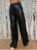Lucky Life Kadın Yüksek Bel Beli Lastikli Geniş Paçalı Deri Pantolon thumbnail 11