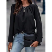 Lucky Life Kadın Uzun Kollu Yuvarlak önden Pileli Ithal Krep Bluz - 5