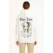 Lucky Life Üç İplik Kapşonlu ön Ve Arka Baskılı SweatShirt Hoodie- Beyaz - 3