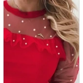 Lucky Life Kadın Uzun Kollu Inci Detaylı Tüllü Viskon Bluz - 3