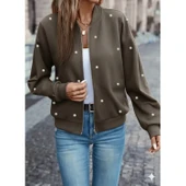 Lucky Life Kadın Uzun Kollu önden Fermuarlı Incili Kısa Modal Ceket thumbnail 2
