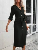 Lucky Life Kadın Uzun Kollu önden Düğmeli Beli Kuşaklı Aerobin Midi Elbise thumbnail 4