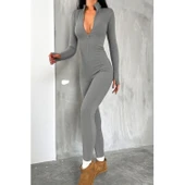 Lucky Life Kadın Uzun Kollu V Yaka Baş Parmak Geçirmeli Detay Kaşkorse Tulum - 2