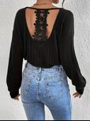 Lucky Life Kadın Uzun Kollu V Yakalı Pencere Sırt Dantel Detaylı Kalın Fitilli Kaşkorse Bluz thumbnail 2