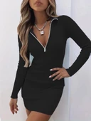Lucky Life Kadın Uzun Kollu önden Fermuarlı Mini Kaşkorse Elbise thumbnail 3