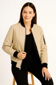 Içi Astarlı Fermuarlı Lucky Life Bomber Mont Ceket - Bej - 2