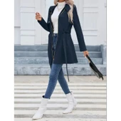 Lucky Life Kadın Uzun Kollu Boyundan Düğmeli Fermuarlı Beli Kuşaklı Süet Ceket - 4