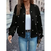 Lucky Life Kadın Uzun Kollu önden Fermuarlı Incili Kısa Modal Ceket - 1