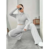 Lucky Life Kadın Uzun Kollu Balıkçı Yaka Krop Ve Pantolon şardonlu Kaşkorse Ikili Takım - 4