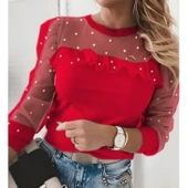 Lucky Life Kadın Uzun Kollu Inci Detaylı Tüllü Viskon Bluz - 2