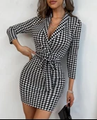 Lucky Life Kadın Uzun Kollu Kruvaze Yaka Bağlamalı Kemer Dalgıç Mini Boy Elbise thumbnail 1