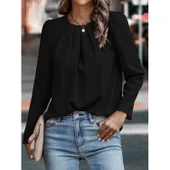 Lucky Life Kadın Uzun Kollu Yuvarlak önden Pileli Ithal Krep Bluz - 2