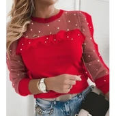 Lucky Life Kadın Uzun Kollu Inci Detaylı Tüllü Viskon Bluz - 4