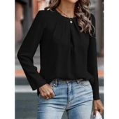 Lucky Life Kadın Uzun Kollu Yuvarlak önden Pileli Ithal Krep Bluz - 3