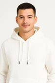 Lucky Life Erkek Ovarsize Kapüşonlu Swetshirt Kanguru Çepli Cıtcıtlı 3 Iplik Şardonlu Hoodie - Beyaz - 2