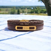 14 Ayar Altın Plakalı İsme Özel Dikdörtgen Motifli Hakiki Kahverengi Derili Hediye Bileklik-532 thumbnail 1