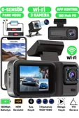 A98 WiFi Full HD 3 Kameralı Araç İçi Güvenlik Kamerası + Park Modu Kablosu ÖnArkaİç Kayıt,DashCam - 1