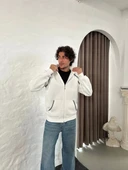 Erkek Oversize Dik Yaka Fermuarlı Sweatshirt - Zincir Nakışli Kanguru Cepli - Beyaz thumbnail 7