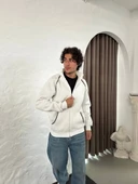 Erkek Oversize Dik Yaka Fermuarlı Sweatshirt - Zincir Nakışli Kanguru Cepli - Beyaz thumbnail 4