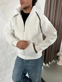 Erkek Oversize Dik Yaka Fermuarlı Sweatshirt - Zincir Nakışli Kanguru Cepli - Beyaz thumbnail 1