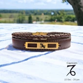 14 Ayar Altın Plakalı Burca Özel Hakiki Kahverengi Derili Dikdörtgen Motifli Hediye Bileklik-532 thumbnail 1