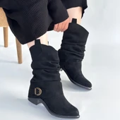 Pabucmarketi Siyah Süet Körüklü Kadın Topuklu Çizme - 4