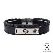 925 Ayar Gümüş Plakalı Burca Özel Hakiki Siyah Derili Taç Motifli Hediye Bileklik-535 thumbnail 1