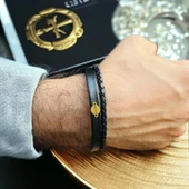 14 Ayar Altın Plakalı İsme Özel Yuvarlak Figürlü Hakiki Siyah Derili Hediye Bileklik-536 thumbnail 2