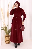 Düğme Detaylı Uzun Kaban 70048 Bordo thumbnail 2
