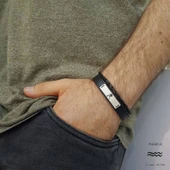 925 Ayar Gümüş Plakalı Burca Özel Hakiki Siyah Derili Dikdörtgen Figürlü Hediye Bileklik-534 thumbnail 2