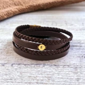 14 Ayar Altın Plakalı Harfe Özel Hakiki Kahverengi Derili Yuvarlak Motifli Hediye Bileklik-533 thumbnail 1