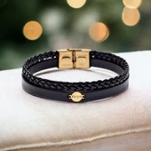 14 Ayar Altın Plakalı İsme Özel Yuvarlak Figürlü Hakiki Siyah Derili Hediye Bileklik-536 thumbnail 1