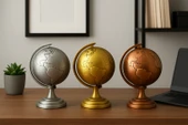 Ofisinize 3 Lü Metal Dünya Seti Masaüstü Dekorasyonu Dünya Küresi Ofis ve Ev Masaüstü Süs 13x9 cm thumbnail 2