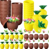 Tropikal Parti Bardak Seti – Ananas ve Hindistan Cevizi Şekilli Pipetli Bardaklar (20 Adet) - 1