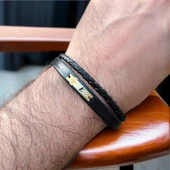 14 Ayar Altın Plakalı Harfe Özel Hakiki Siyah Derili Çiçek Motifli Hediye Bileklik-539 thumbnail 2