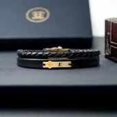 14 Ayar Altın Plakalı Harfe Özel Hakiki Siyah Derili Çiçek Motifli Hediye Bileklik-539 thumbnail 1