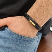 14 Ayar Altın Plakalı Harfe Özel Hakiki Siyah Derili Dikdörtgen Motifli Hediye Bileklik-537 thumbnail 2