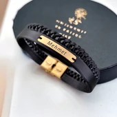 14 Ayar Altın Plakalı İsme Özel Dikdörtgen Motifli Hakiki Siyah Derili Hediye Bileklik-537 thumbnail 1