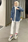 Koyu Mavi Kar Yıkama Püskül Detay Kot Ceket Oversize - 1