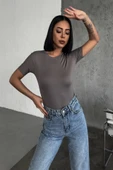 Rahat Ve Şık Kısa Kollu Bisiklet Yaka Likralı Viskon Penye Body Füme - 1