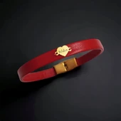 14 Ayar Altın Plakalı İsme Özel Kalp Motifli Doğal Kırmızı Derili Hediye Bileklik-541 thumbnail 1