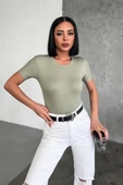Rahat Ve Şık Kısa Kollu Bisiklet Yaka Likralı Viskon Penye Body Haki - 3