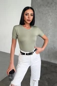 Rahat Ve Şık Kısa Kollu Bisiklet Yaka Likralı Viskon Penye Body Haki - 1