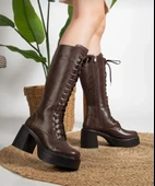 Guay Kahverengi Cilt Bağcıklı Topuklu Çizme - 1