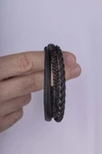 Gümüş Pazarım 3 Parça Örgü Modelli Kahverengi Detaylı Erkek Deri Bileklik thumbnail 3