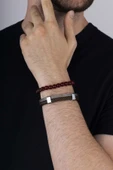 Gümüş Pazarım Bordo Renkli Ceyt Taşı Bordo Geçişli Örgü Model Erkek Deri ve Doğal Taş Bileklik Kombini Bileklik thumbnail 3