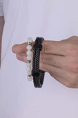 Gümüş Pazarım Tibet Akik Taşı Bileklik Çİft Sıra Örgü Model Deri Erkek Bileklik Kombini thumbnail 3