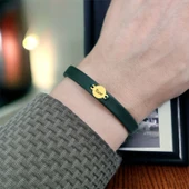 14 Ayar Altın Plakalı İsme Özel Yuvarlak Motifli Doğal Yeşil Derili Hediye Bileklik-543 thumbnail 2