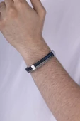 Gümüş Pazarım Lacivert Örgü Gri Detaylı Çift Renk Erkek Deri Bileklik thumbnail 2